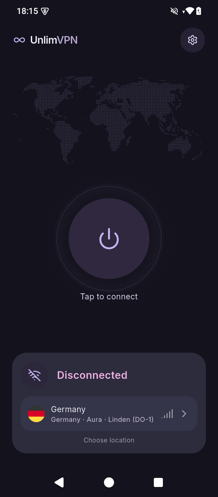 UnlimVPN home screen with its connection button and location selector